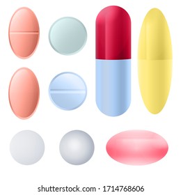 Set of different pills isolated on white background. 