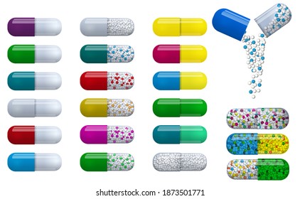 set of different pills medicine tablets or realistic pills vitamins capsule pharmaceutical or colorful pills medical healthcare pharmacy concept. eps 10 vector