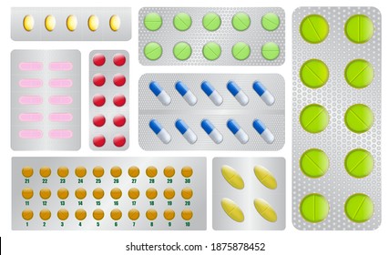 eine Reihe verschiedener Pillen Medizin Tabletten oder realistische Pillen Vitamine Kapsel pharmazeutische oder bunte Pillen Medizin Apotheke Konzept. eps10 Vektor, leicht zu verändern