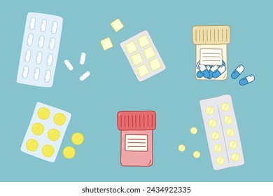 Set of different pills in packages and bottles, cold and flu medication design element, vector