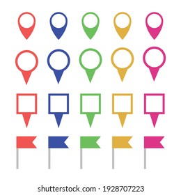 Set of different pin icons. Location sign in flat style isolated on white background. Navigation map, gps concept. Vector.