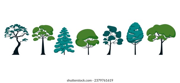 Set of different pine and hardwood trees horizontal arrangement. Vector illustration of park and nature isolated objects on white. Hand drawn vector graphics.