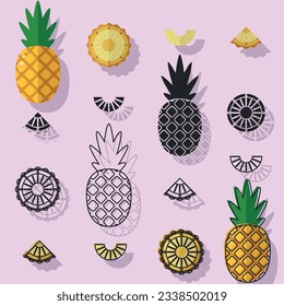 Set of different pineapples. Vector illustration.