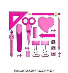 Set of different pink school stationery on white background, top view. Illustration
