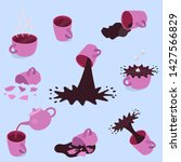 Set of different pink tea and coffee cups - full, empty, broken. Vector illustration.