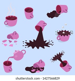 Set Of Different Pink Tea And Coffee Cups - Full, Empty, Broken. Vector Illustration.