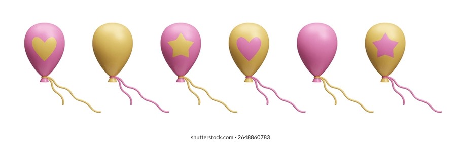 Set of different pink and yellow air balloons 3D style vector illustration isolated on white. Cute cartoon style helium air balloons with heart and star prints. Festive birthday party decoration set.