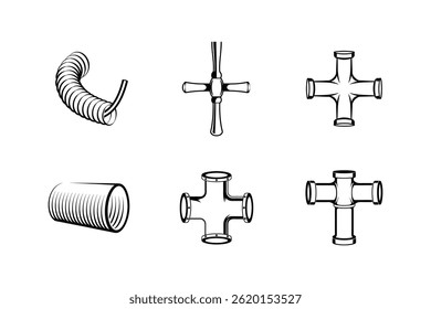 Conjunto de ícones vetoriais de conector de tubulação diferentes, acessórios de encanamento em preto e branco
