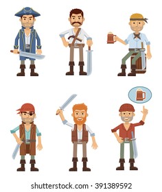 Set of different pirate characters isolated on white background. Pirate crew. Flat style vector illustration