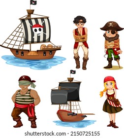 Conjunto de diferentes ilustraciones de personajes de caricatura piratas