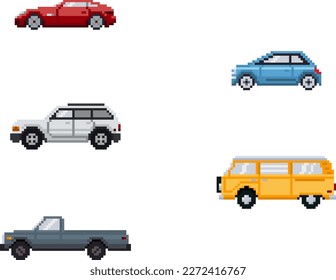 Set of different pixel art cars. Vector illustration.