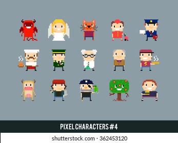 Set of different pixel art characters