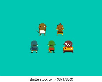 Set of different pixel art characters, orcs and trolls, fantasy warriors