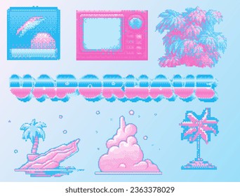 Set of different pixel art items for game design or sticker pack. Palm tree, cloud, a computer and other icons in vaporwave the 80's style.