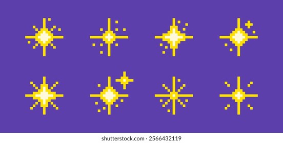 Set of different pixel art sparkling stars. Sparkles, flashes symbols for games, websites or apps. Vector illustration