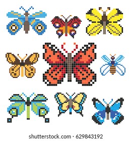 Set of different pixel butterflies isolated on white background. Vector illustration