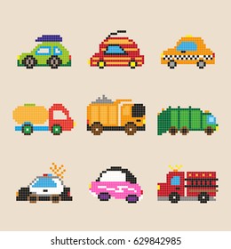 Set of different pixel cars isolated. Vector illustration