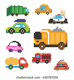 Set of different pixel cars isolated on white background. Vector illustration