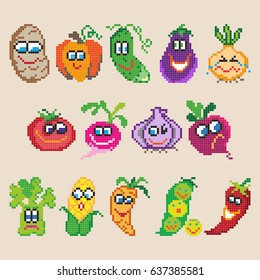 Set of different pixel cartoon vegetables. Vector illustration
