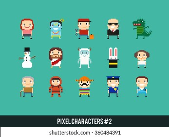 Set of different pixel characters. Medic, police man, astronaut, bodyguard, mexican guy, yeti, dinosaur monster and other