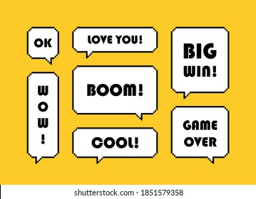 Set different pixel speech bubble with text expression isolated on yellow background. Geometric texting dialogue boxes. Modern vector illustration.