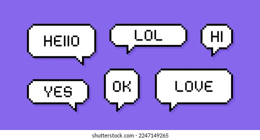 Set different pixel speech bubble. Geometric texting dialogue boxes isolated on transparent background. Modern vector illustration.