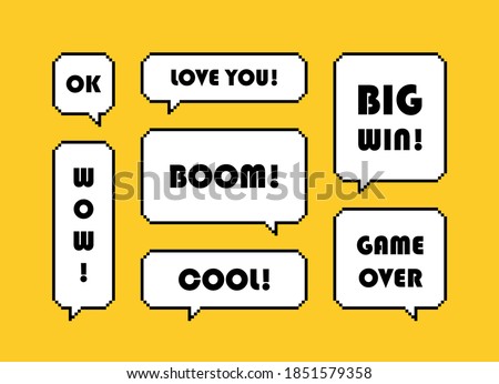 Set different pixel speech bubble with text expression isolated on yellow background. Geometric texting dialogue boxes. Modern vector illustration.
