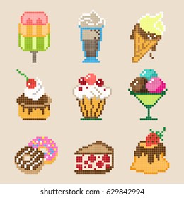 Set of different pixel sweets. Vector illustration