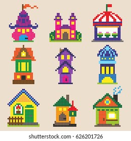 Set of different pixel toy houses. Vector illustration