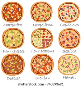 Set of different pizza color flat icons on white background