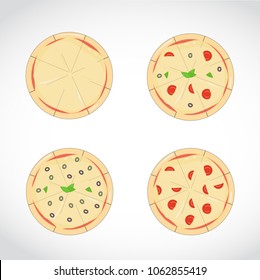 set of different pizza pies, graphic design. isolated over a white background 