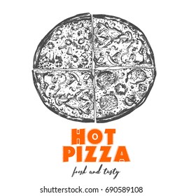 Set of different pizza slices. Sketch style vector illustration.