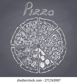 Set of different pizza slices in vector. Sketched food. Chalk painted illustration with hand drawn inscription. Chalkboard background