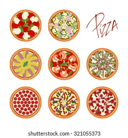 Set of different pizza types with various ingredients on white (transparent) background with handwritten caption pizza. Vector illustration  eps 10