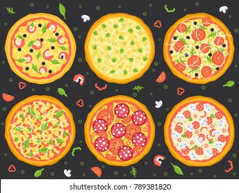 Set of different pizza. Vector illustration