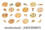 Set Of Different Pizzas Isolated Vector Icons. Whole And Sliced, With Variety Of Toppings, Sauces, And Cheeses