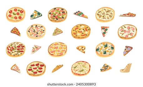 Set Of Different Pizzas Isolated Vector Icons. Whole And Sliced, With Variety Of Toppings, Sauces, And Cheeses