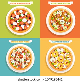 A set of different pizzas on plates. Vector icons. Top view.