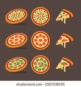 Set of different pizzas top view set, slice of pizza isolated on white background, pesto pizza, pepperoni pizza, vegetable, Italian pizza, isolated set collection, simple flat vector illustrations.