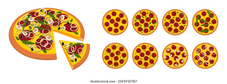 Set of different pizzas. Vector illustration of pizza in the style of minimalism, simple shapes. Top and three-quarter view. Sliced ​​pizza.