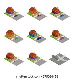 Set of different places with different vehicles on a white background