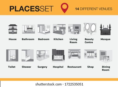 a set of different places where people spend time such as rooms of a house or public spaces like a restaurant and a shop 