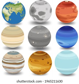 Set of different planets on white background illustration