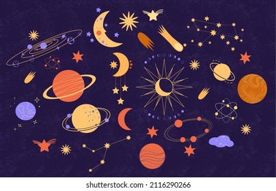 Eine Reihe verschiedener Planeten, Sterne, Asteroiden und Kometen im Weltraum. Ein Kinderuniversum im Stil von Doodles.  Handgezeichnete Vektordoodles. Galaxy Sternbilder Cartoon. Astronomie-Konzept