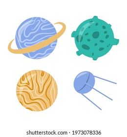 Set of different planets vector flat cartoon illustration isolated on white background. Astronomical planets, venus, mercury, neptune, uranus and meteor. Universe and galaxy concept.
