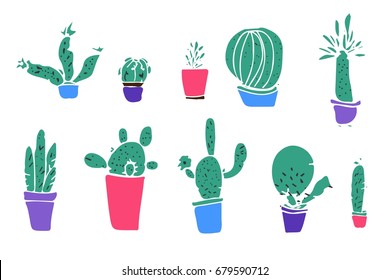 Set of different plants, cactus. Flat vector illustration.