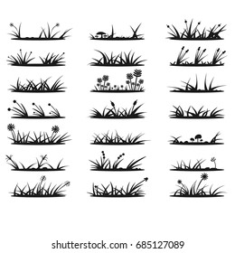 Set of different plants and grass silhouettes