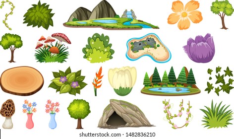 Set of different plants and landforms illustration