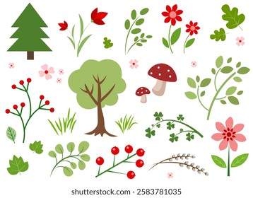 A set of different plants on a white background. Tree, spruce, branches, grass, flowers, mushrooms, berries, willow, leaves, tulips