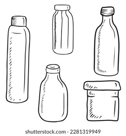 Set of different plastic disposable eco friendly recycled bottles and jars with lids isolated on white background. Hand drawn vector sketch illustration in doodle engraved vintage outline style